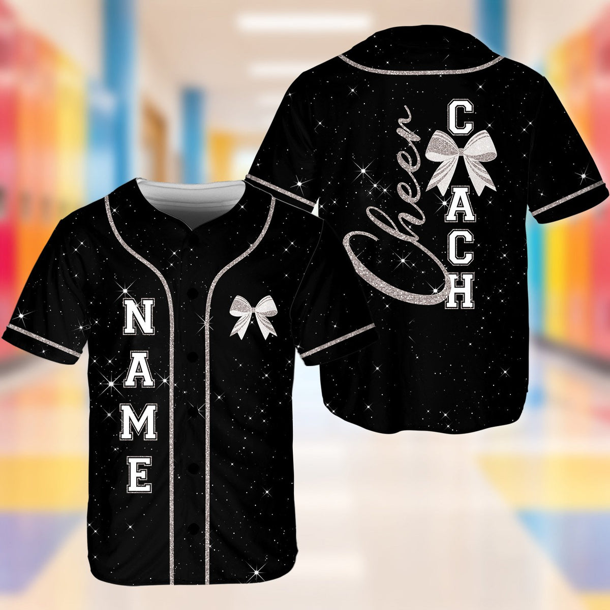 Back view of black and starry cheer coach baseball jersey with custom number