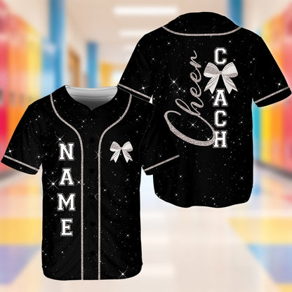 Back view of black and starry cheer coach baseball jersey with custom number
