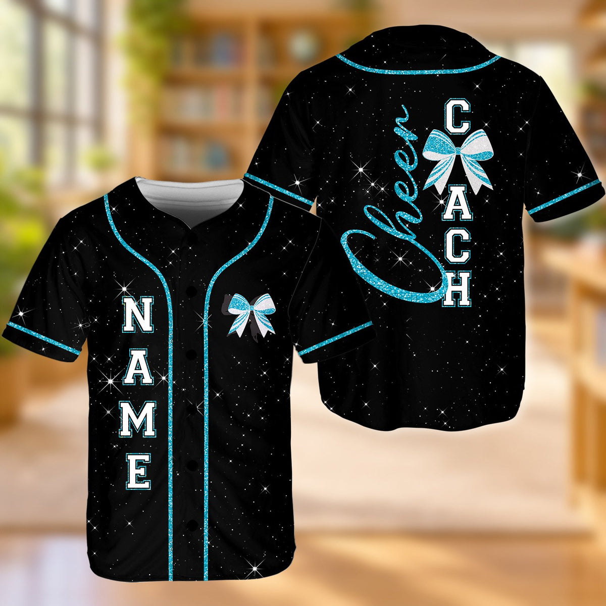 Back view of custom cheer coach baseball jersey featuring pink and starry pattern