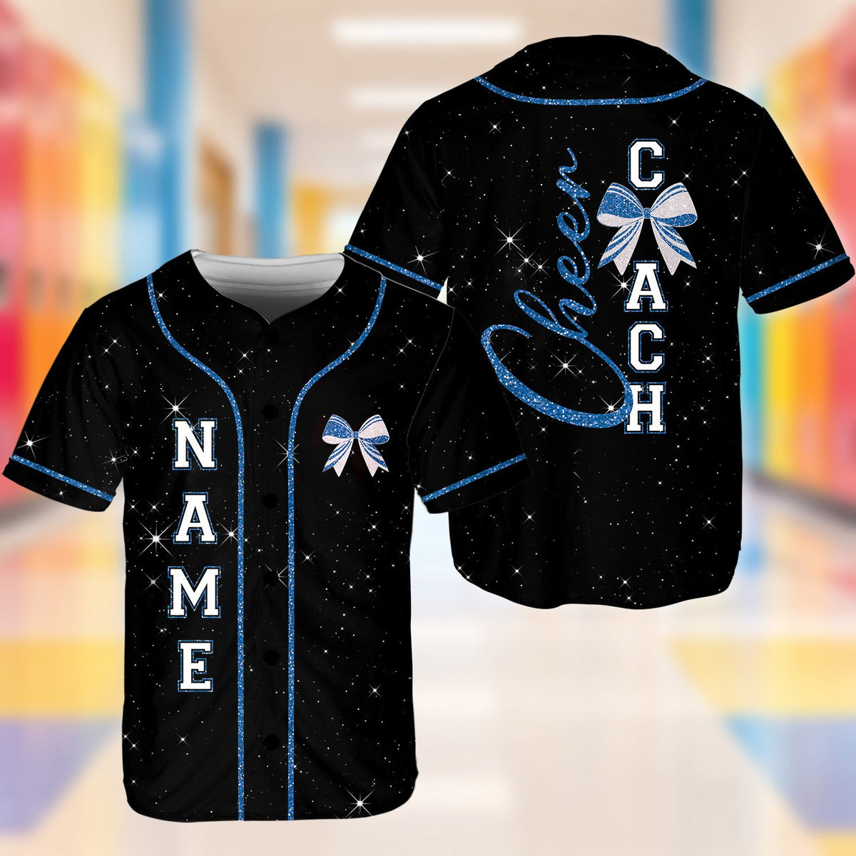Back view of blue accent cheer coach baseball jersey showing custom details