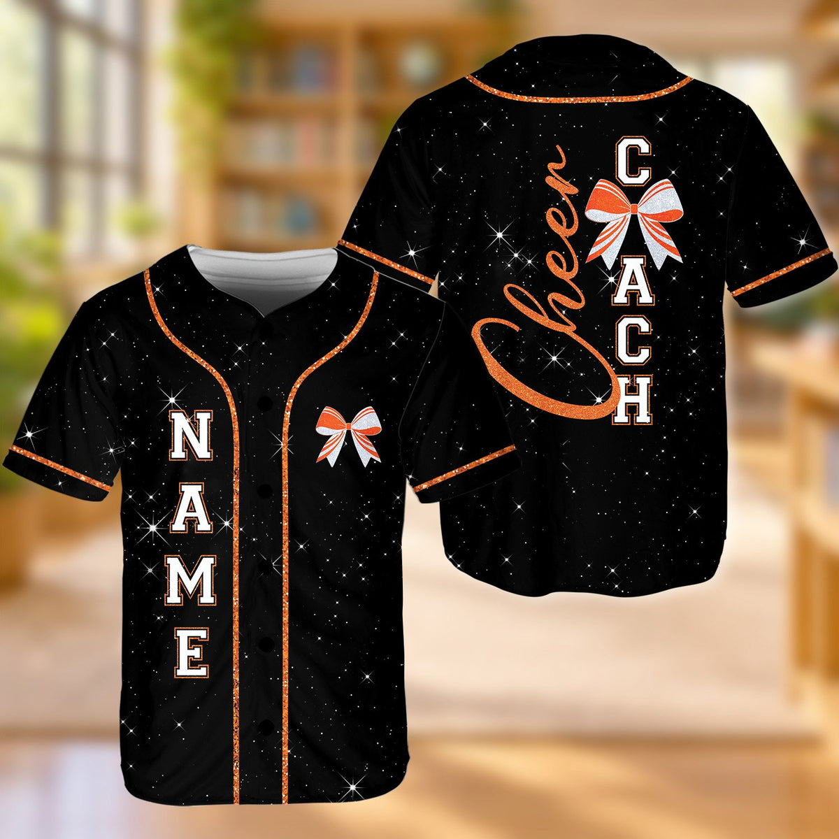 Back view of orange accent cheer coach baseball jersey with custom number