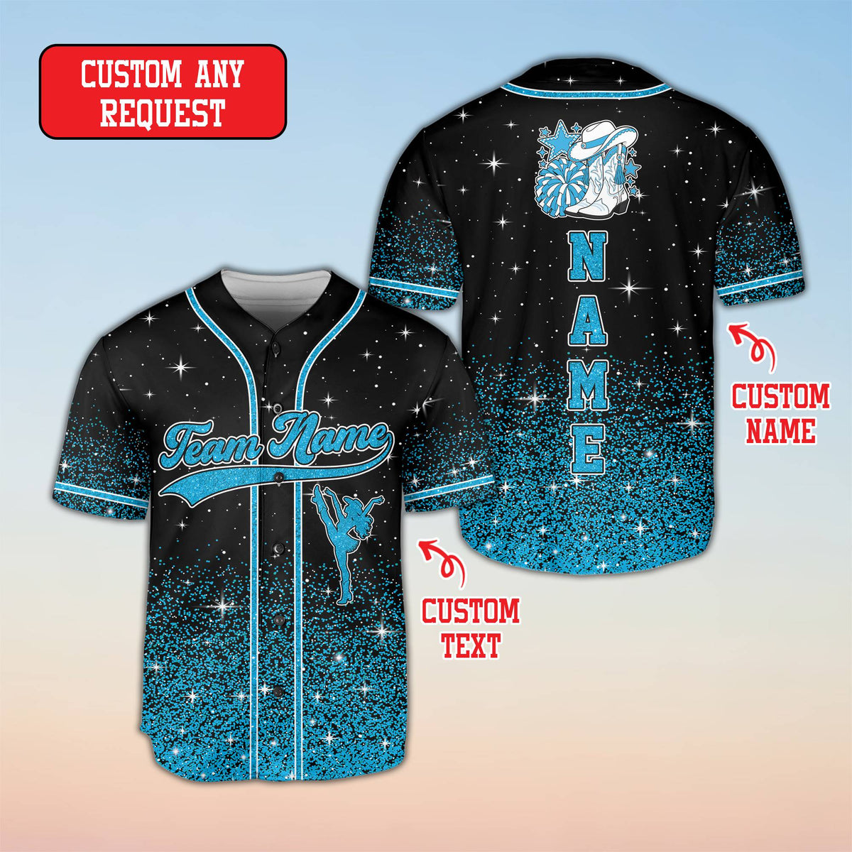 Close-up back view of the vertical custom text and graphic details on the baseball jersey