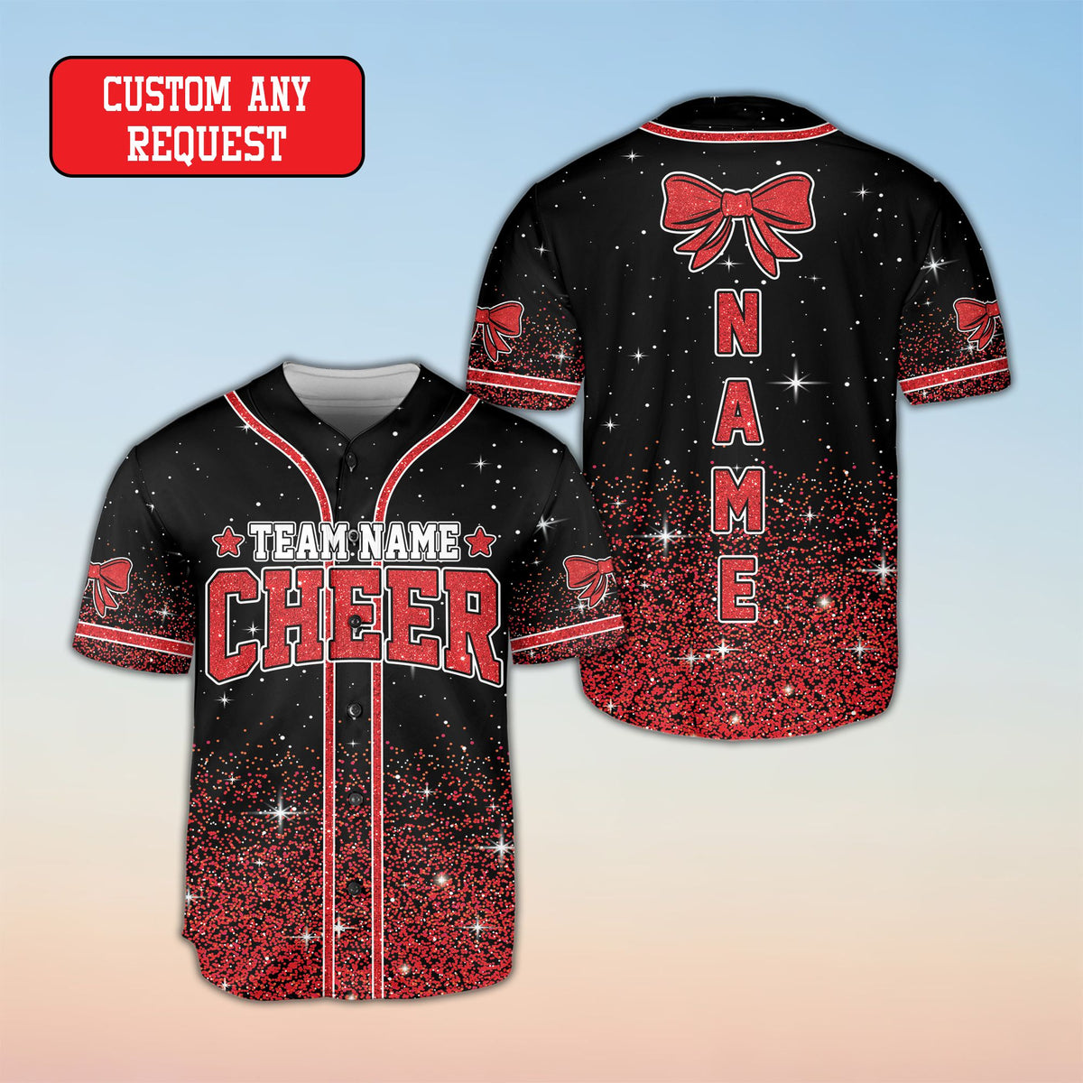 Black cheerleading baseball jersey with starry fade and custom name front view