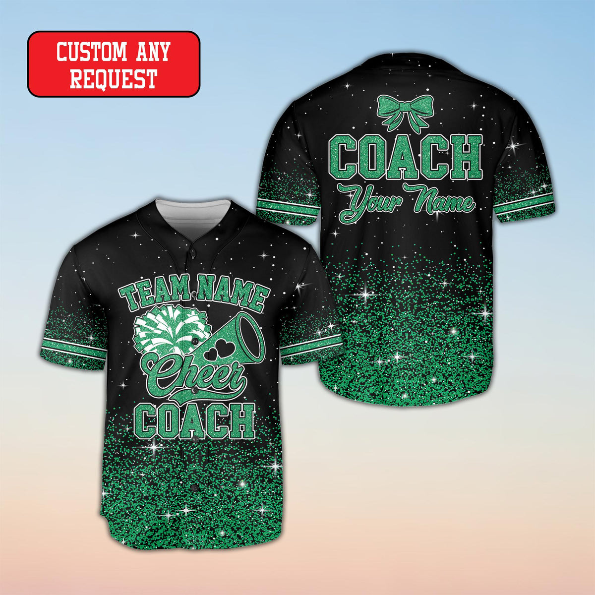 Personalized black cheerleading baseball jersey with custom name and glitter gradient design, main view