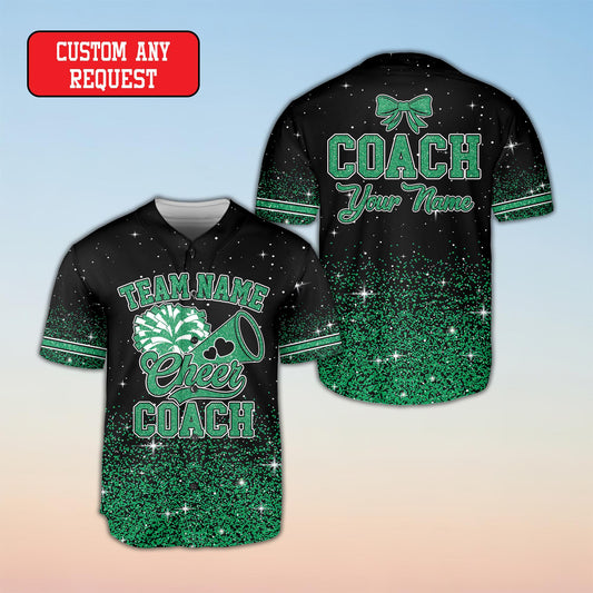 Personalized black cheerleading baseball jersey with custom name and glitter gradient design, main view