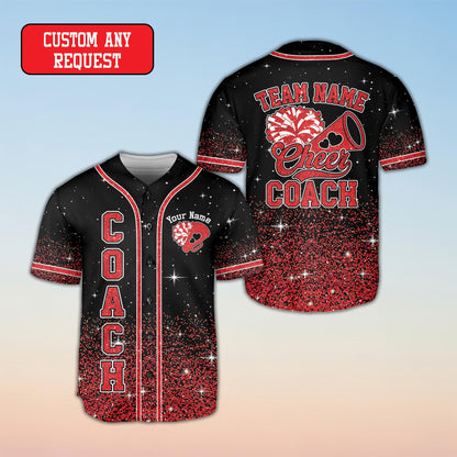 Black personalized cheerleading baseball jersey with glitter gradient and custom text, main view