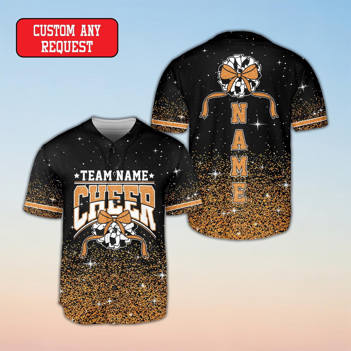 Personalized black cheerleading baseball jersey with custom text, front view