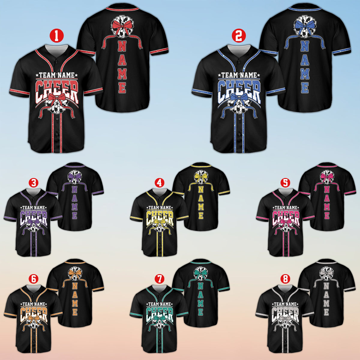Custom cheerleading baseball jersey in black with faux-glitter accents and pom-pom graphics, front view