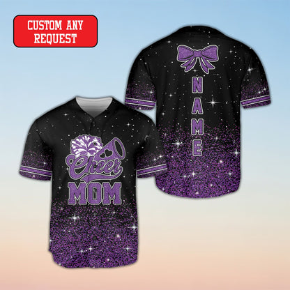 Personalized cheerleading baseball jersey with a black base and glittery gradient, main view