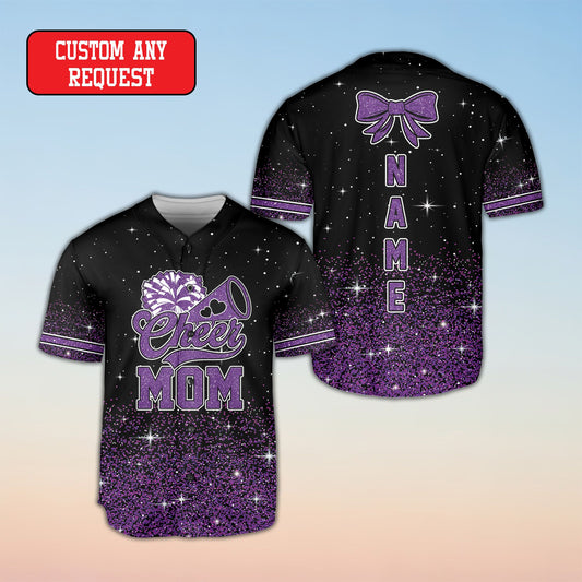 Personalized cheerleading baseball jersey with a black base and glittery gradient, main view