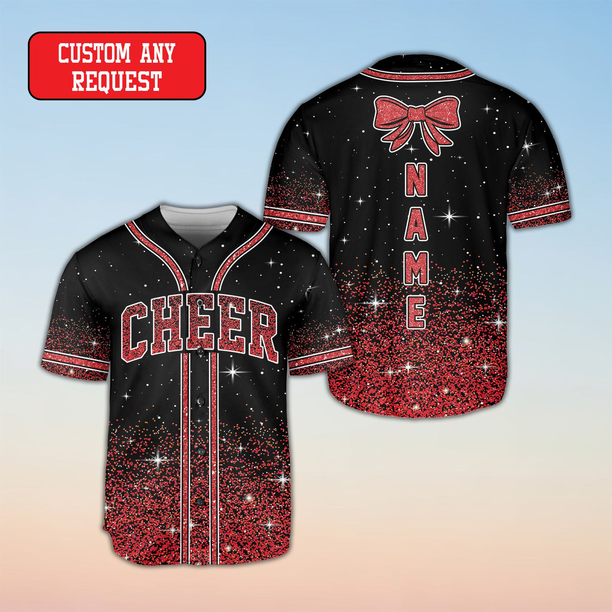 Personalized black cheerleading baseball jersey featuring starry night background and faux glitter gradient