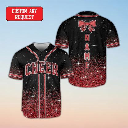 Personalized black cheerleading baseball jersey featuring starry night background and faux glitter gradient