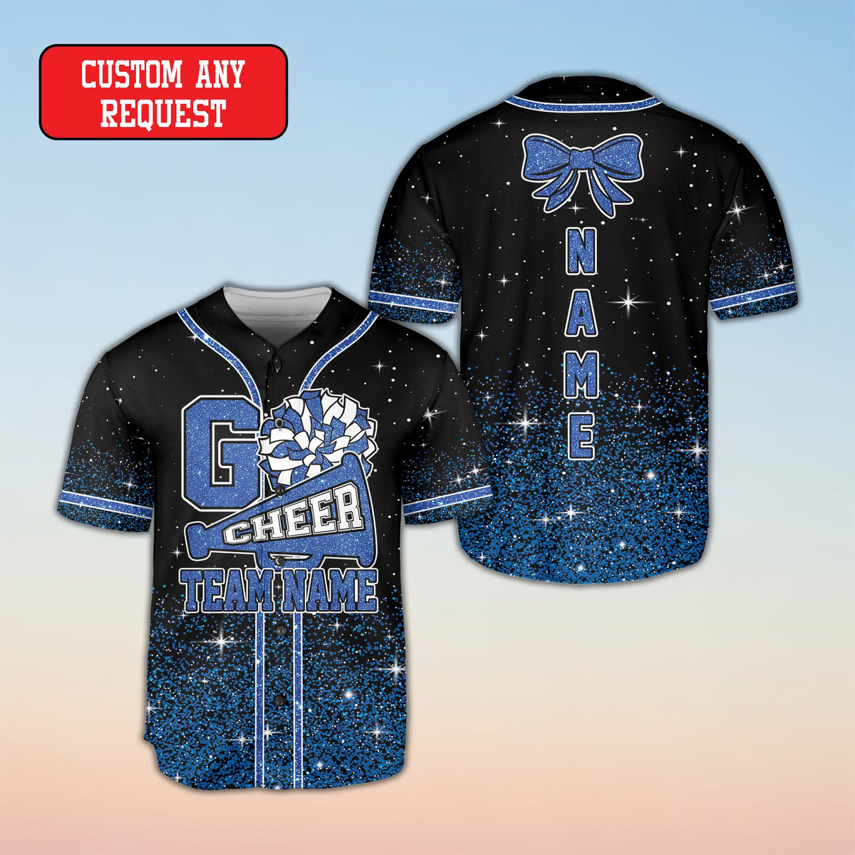 Custom cheerleading baseball jersey with glitter megaphone and custom name on the back, front view