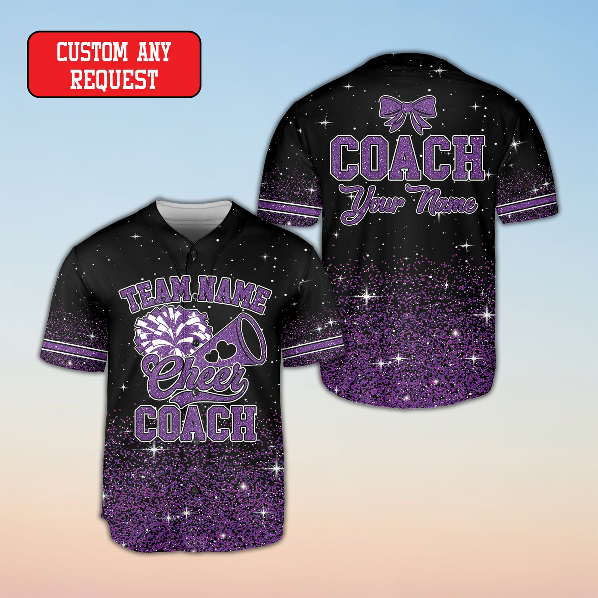 Angled front view of personalized black cheerleading baseball jersey