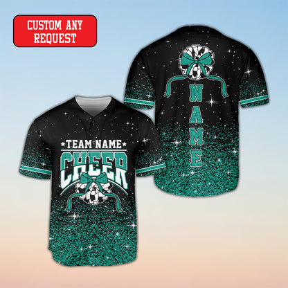 Personalized black cheerleading baseball jersey with custom text, front detail 2