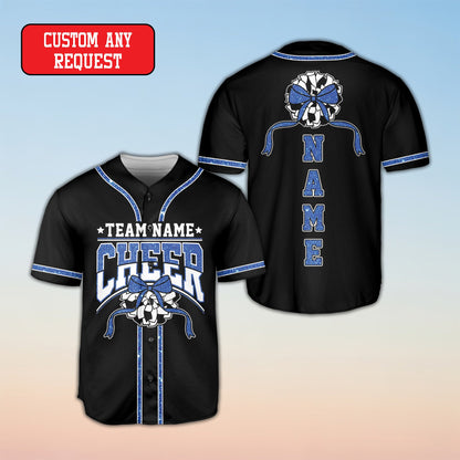 Cheerleading baseball jersey front view featuring megaphone and bows
