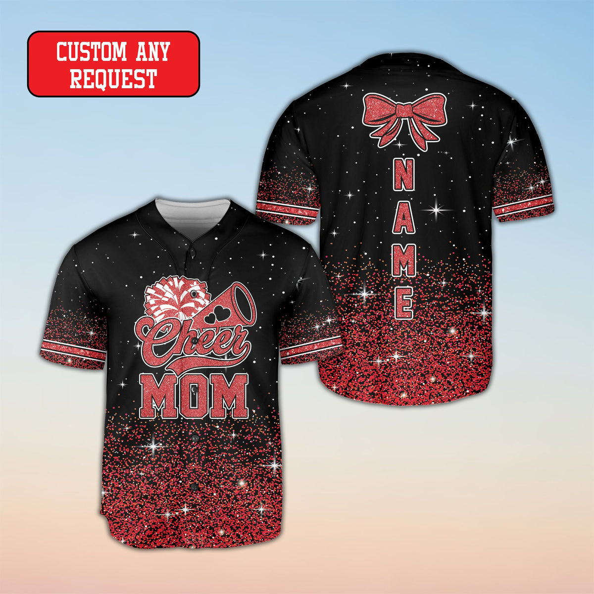 Custom name cheerleading baseball jersey in black and glitter gradient, front angle