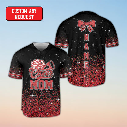 Custom name cheerleading baseball jersey in black and glitter gradient, front angle