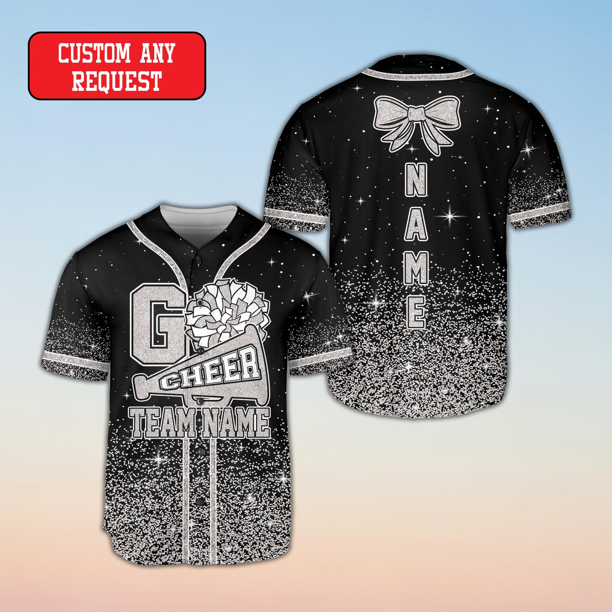 Black personalized baseball jersey with custom name and cheerleading graphics