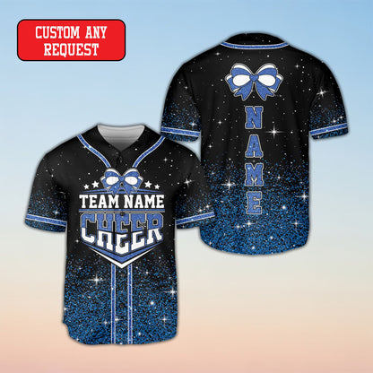 Personalized cheerleading baseball jersey with a black base and custom vertical name text on the back