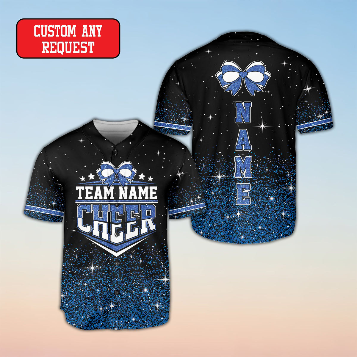 Detailed front view of the cheerleading baseball jersey showing the glitter-like gradient