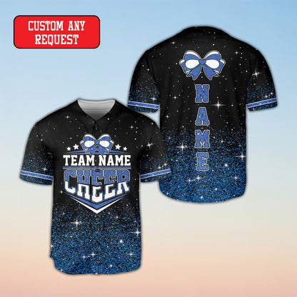 Detailed front view of the cheerleading baseball jersey showing the glitter-like gradient