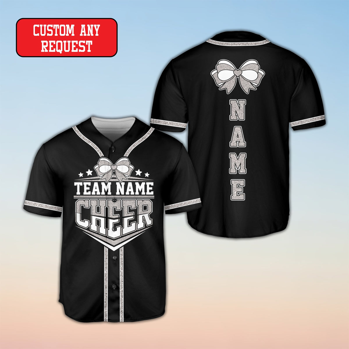 Custom baseball jersey with blue cheer graphics and heart bow, front view