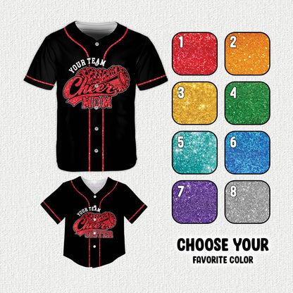 Detailed front view of custom baseball jersey with cheer mom and sister graphic