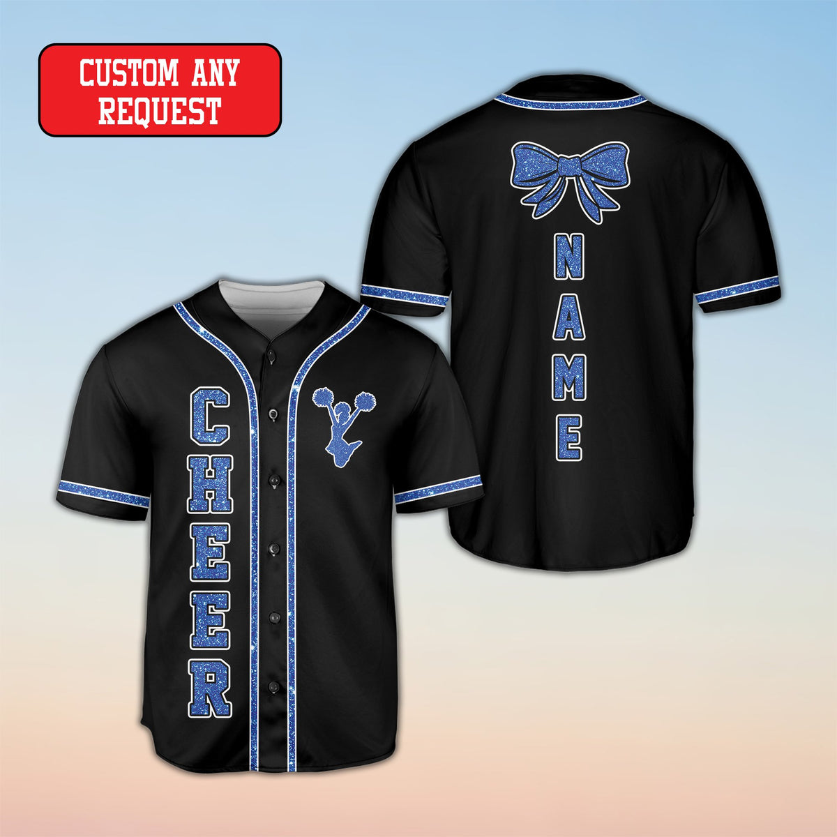 Close-up of the cheer lettering on the black baseball jersey