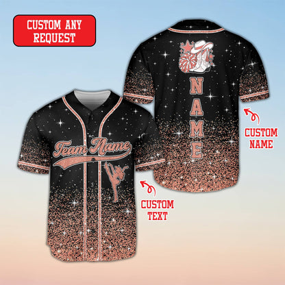 Close-up front view of the personalized custom baseball jersey highlighting the faux glitter pattern