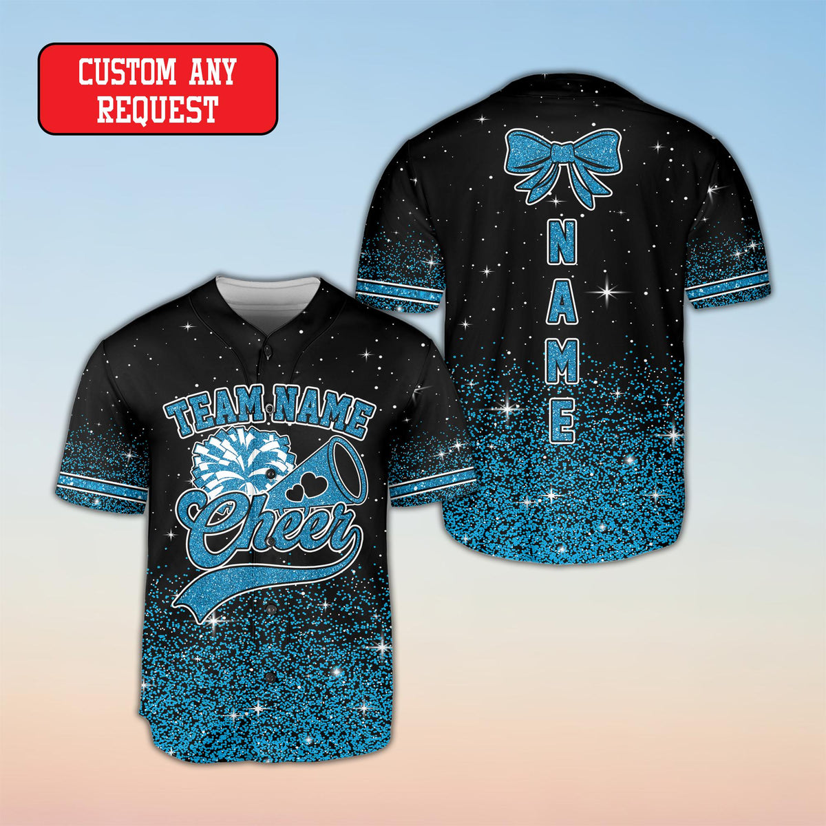 Alternate front view of the black faux glitter cheerleading baseball jersey