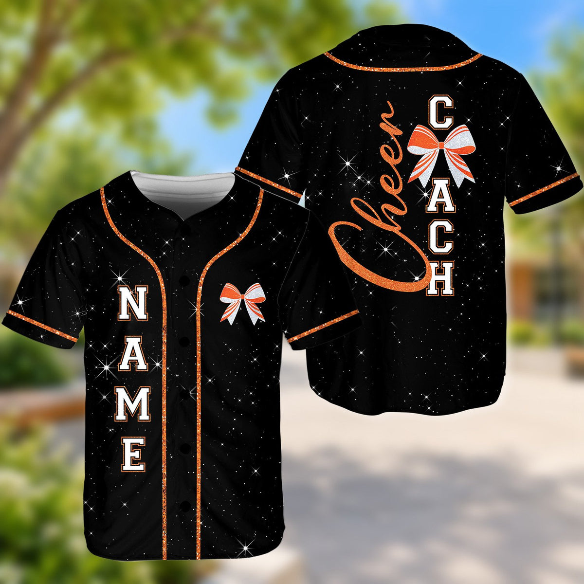 Front view of the personalized baseball jersey in black with green trim and cheer bow design