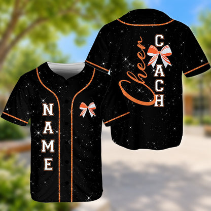 Front view of the personalized baseball jersey in black with green trim and cheer bow design