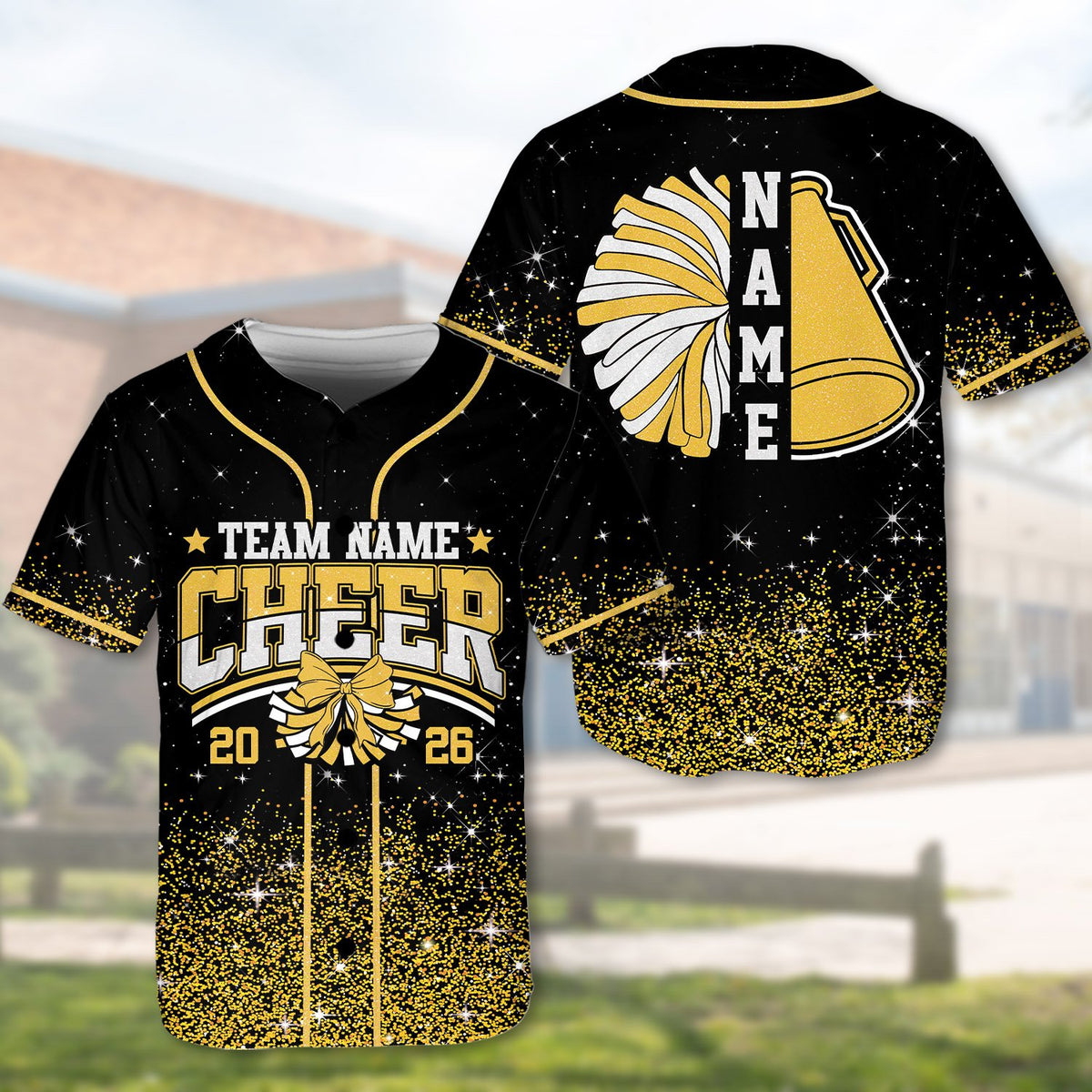 Front view of the personalized cheerleading baseball jersey detailing the team name and cheer graphic.