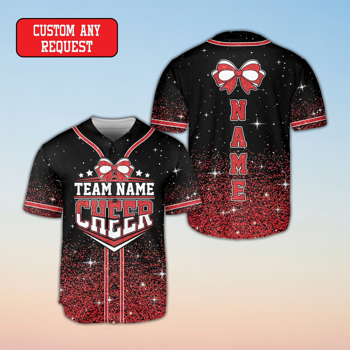 Personalized cheerleading baseball jersey with a black base and glitter-effect fade, featuring a large bow and custom text on the front