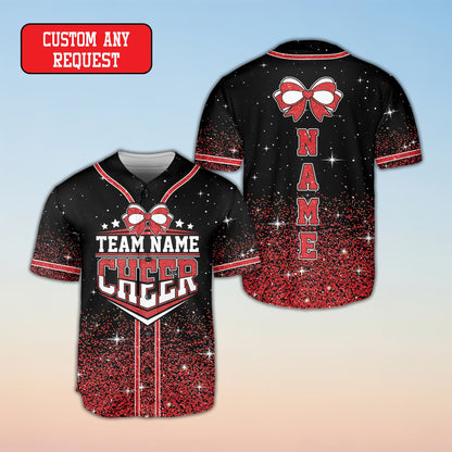 Personalized cheerleading baseball jersey with a black base and glitter-effect fade, featuring a large bow and custom text on the front