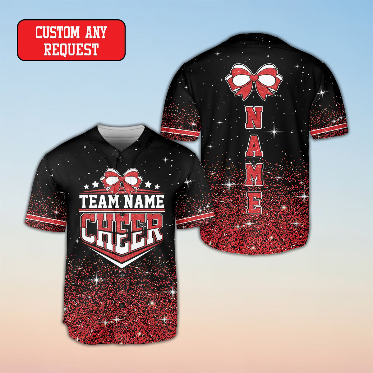 Main view of the personalized black cheerleading baseball jersey with starry gradient