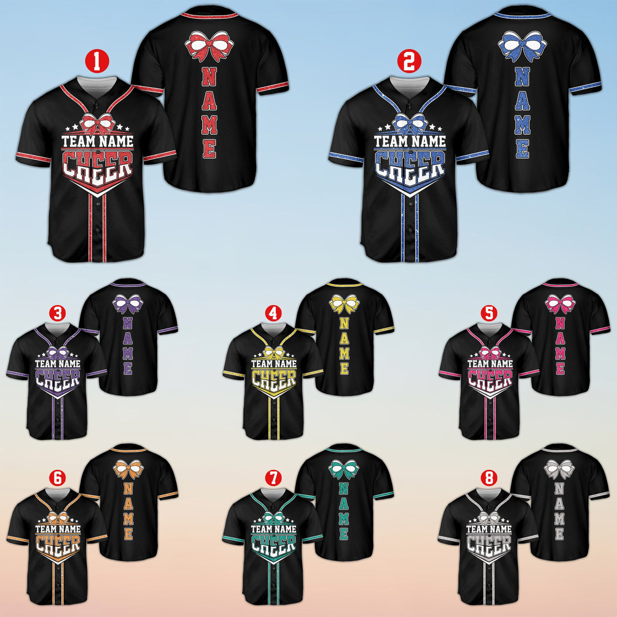 Black cheerleading baseball jersey featuring custom team name and shield graphic, front view
