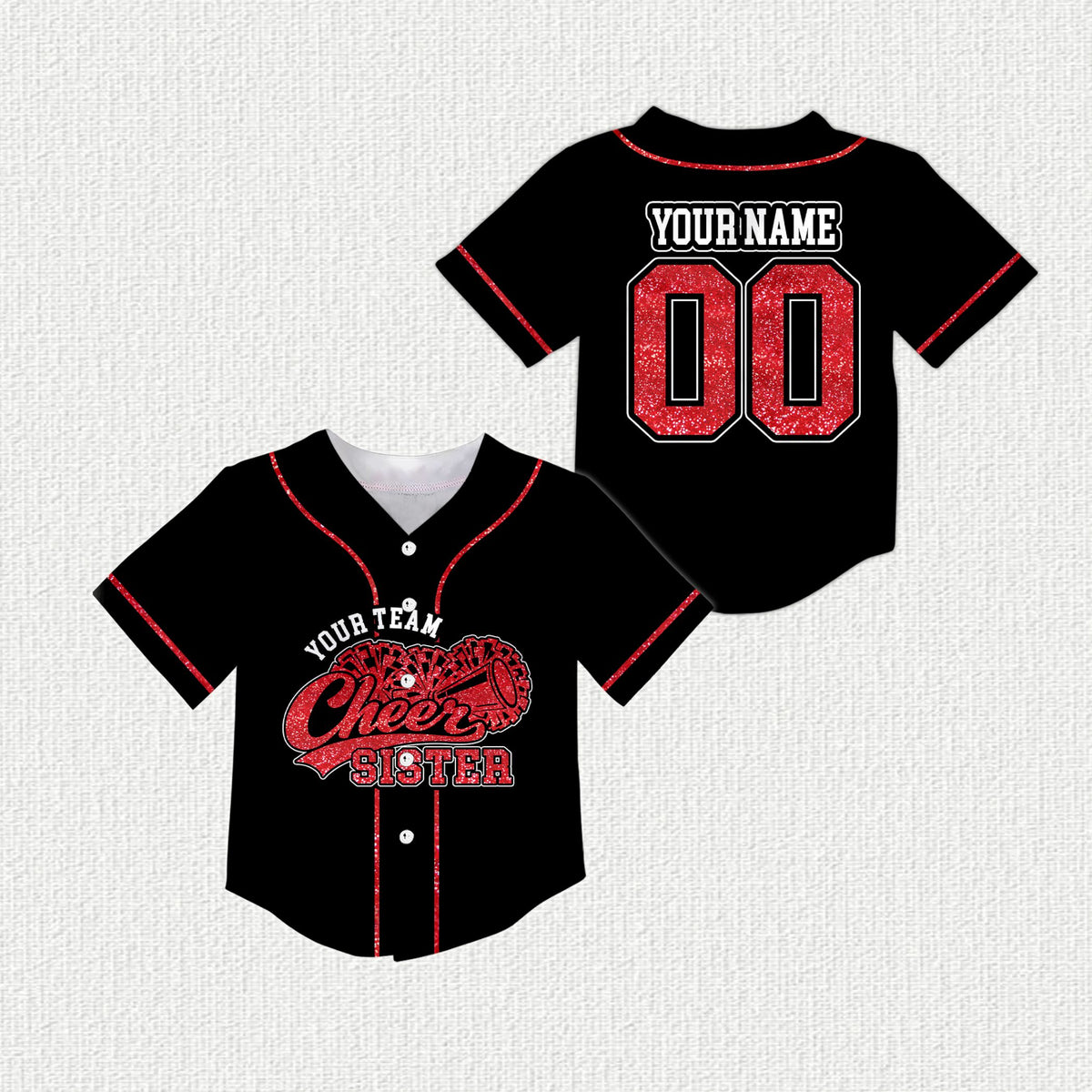 Front view of black cheerleading baseball jersey with red piping and faux glitter megaphone design