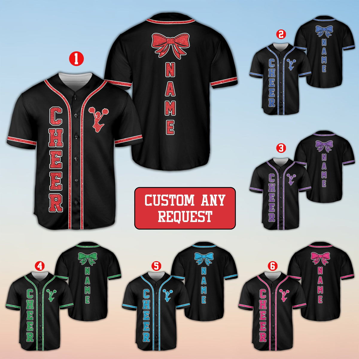 Black cheerleading baseball jersey with faux glitter design, main view