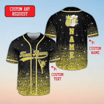 Front view of the cheerleading baseball jersey displaying the team name and a cheerleader silhouette