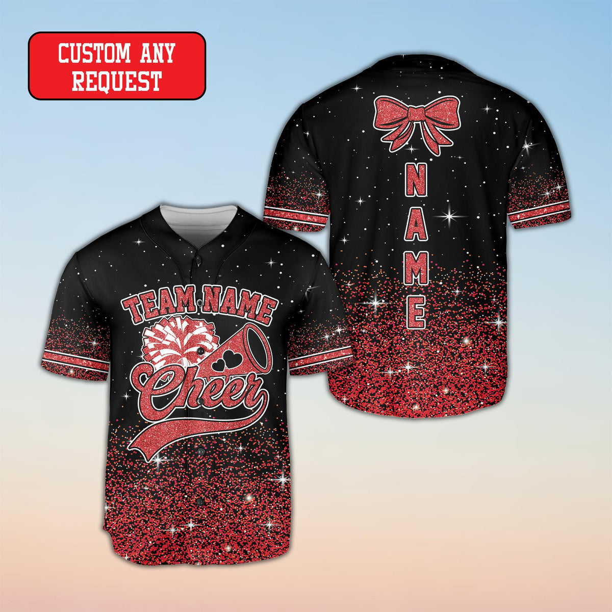 Personalized cheerleading baseball jersey with faux glitter gradient and custom name front view