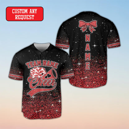 Personalized cheerleading baseball jersey with faux glitter gradient and custom name front view