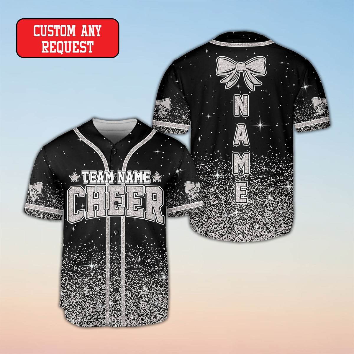 Black cheerleading baseball jersey personalized front view 3
