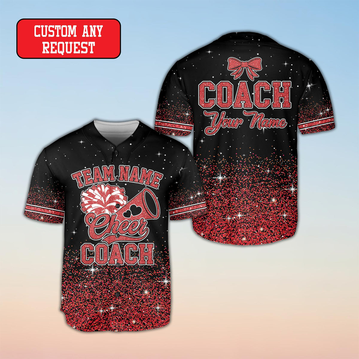Detailed view of personalized cheer coach jersey front