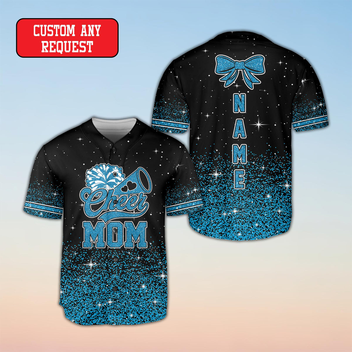 Adult personalized baseball jersey with megaphone and pom-pom design, front view