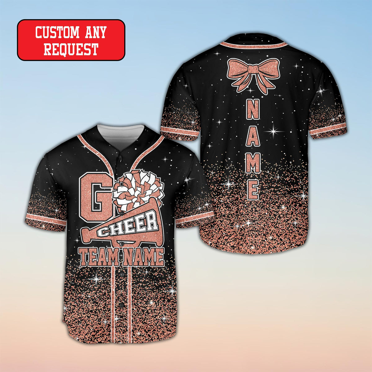 Close up of the sparkling glitter effect on the custom baseball jersey