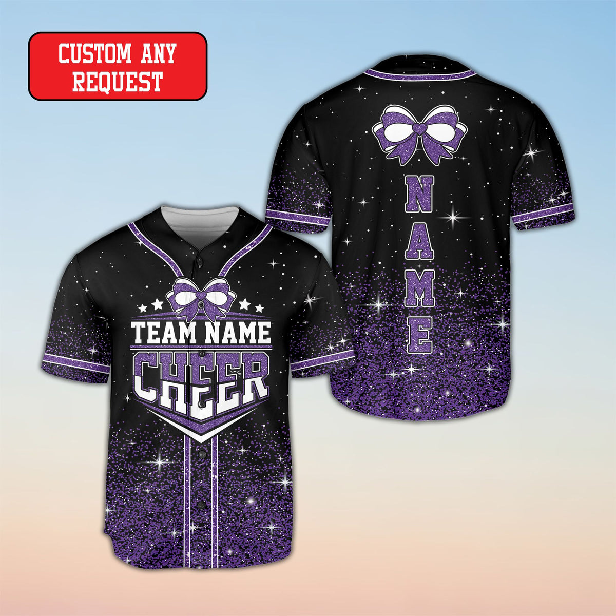 Detail view of the personalized cheerleading baseball jersey featuring a custom text design on the front