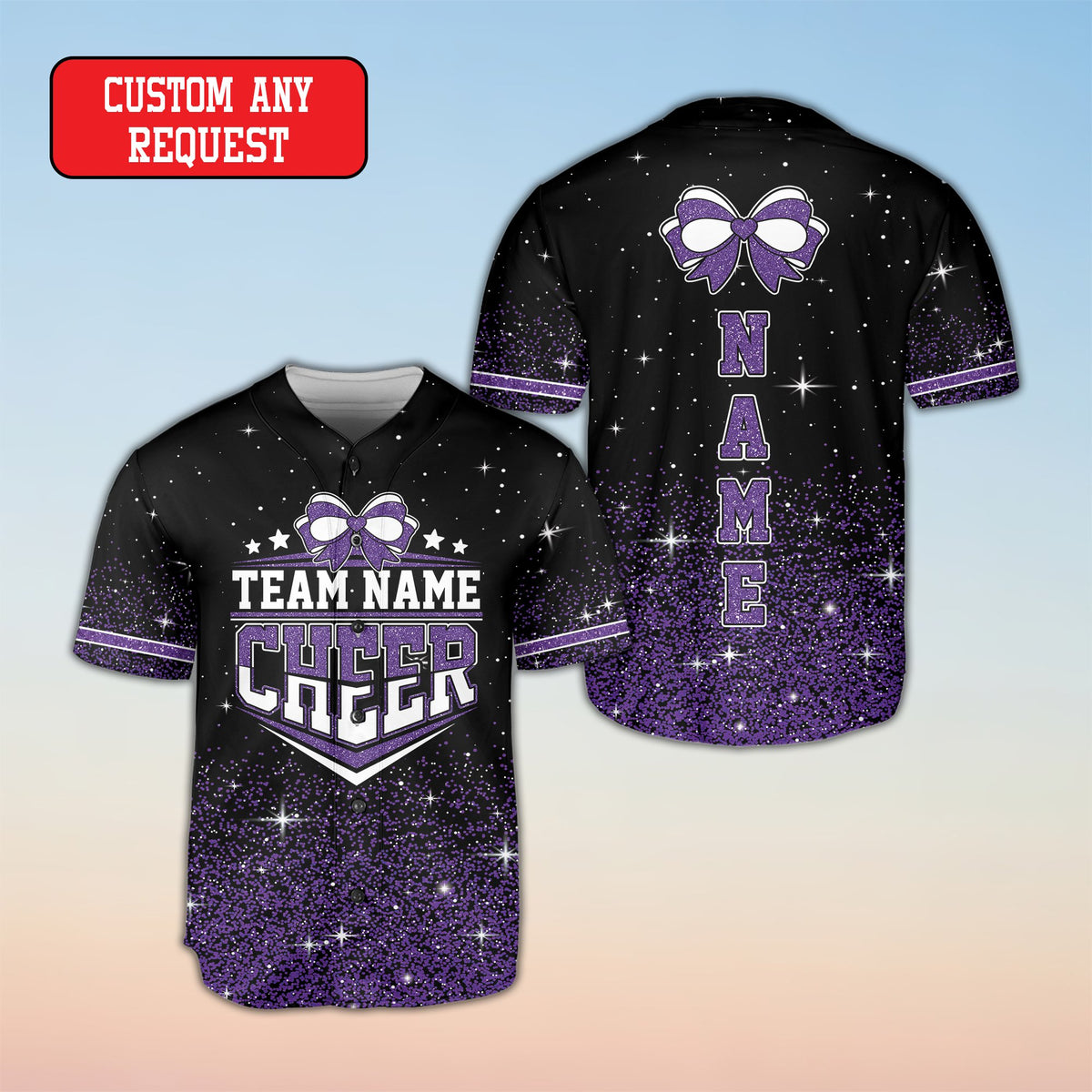 Another front angle of the black personalized cheerleading jersey