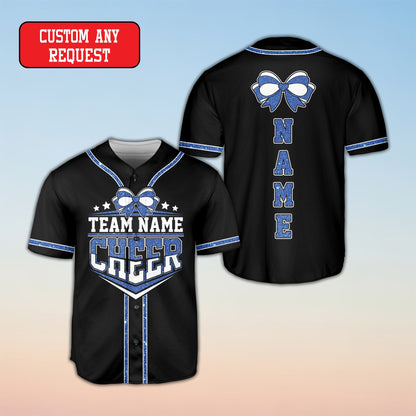 Personalized baseball jersey with purple cheer accents, front view